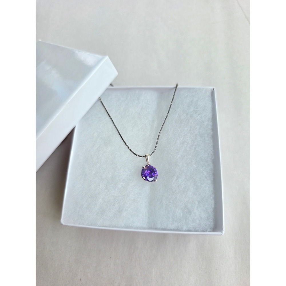 New 925 Sterling Silver Purple Solitaire Pendant Necklace Blackened Finish 22"